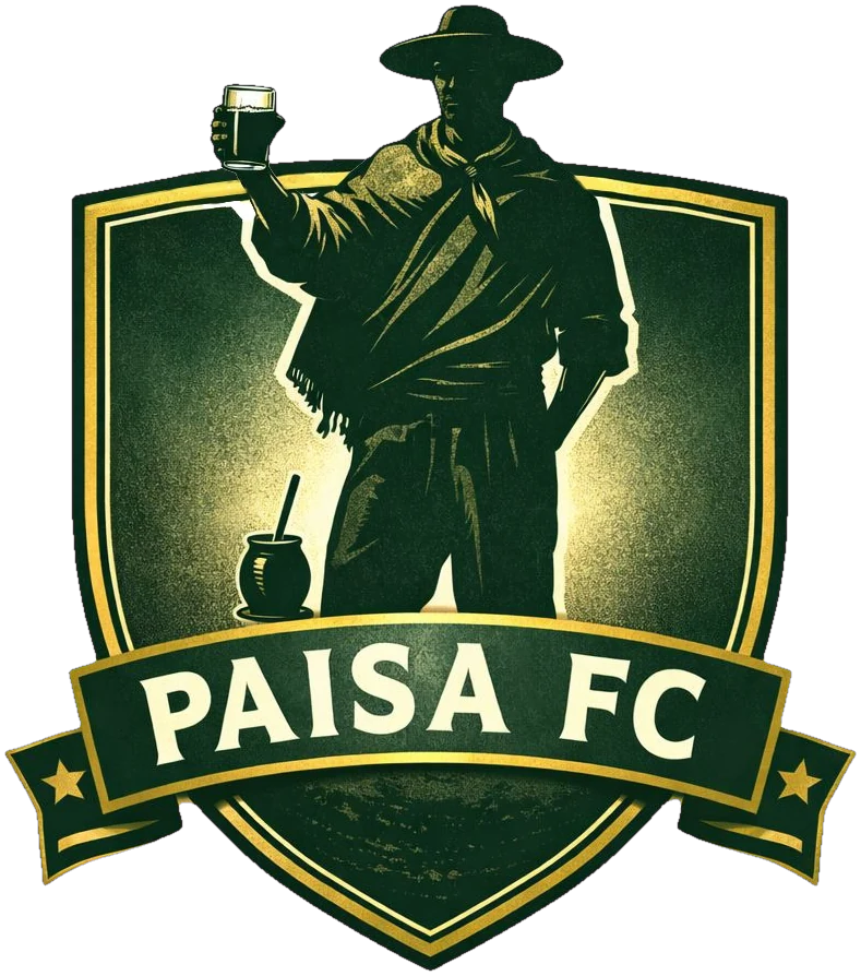Escudo de Paisa FC: un paisano con sombrero, poncho y vaso en alto, sobre la cinta con el nombre del club